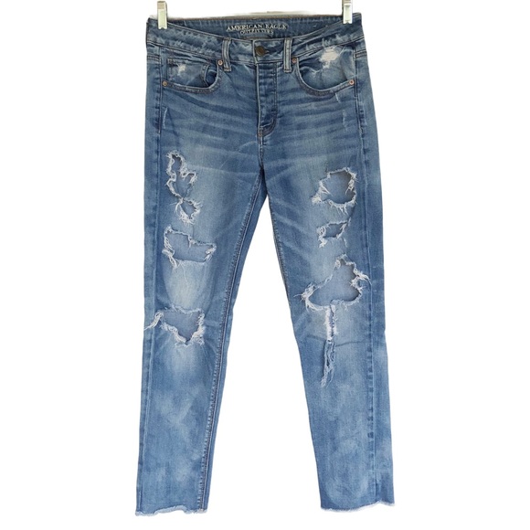 American Eagle Tomgirl Jeans Womens Sz 4 Stretch Destroyed Distressed Boyfriend - Picture 1 of 8